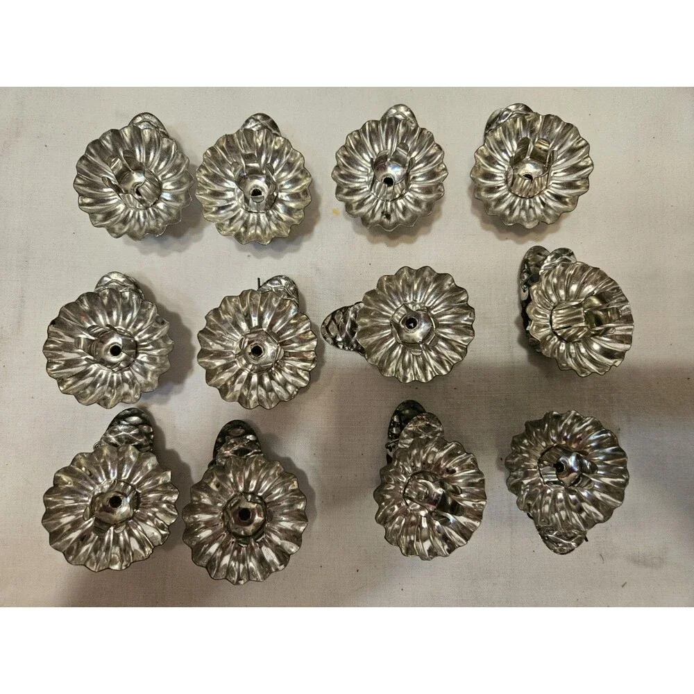 Vintage Christmas Tin Candle Holders Tree Clip Ons Pinecone Set of 12 Ornaments